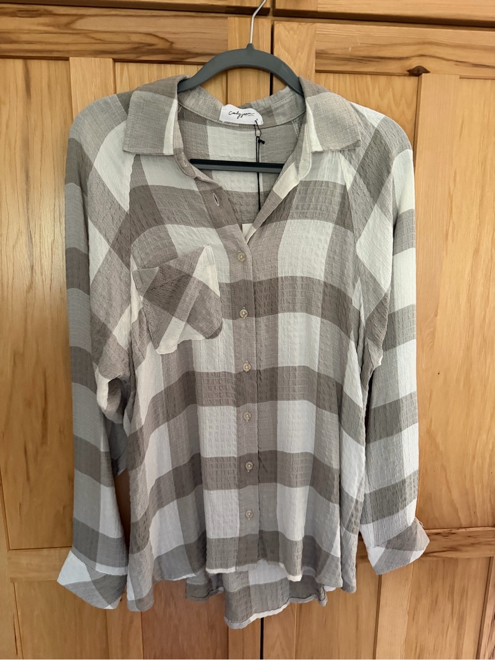 Carly Jean Los Angeles Taupe & Cream Plaid Button-Down Shirt